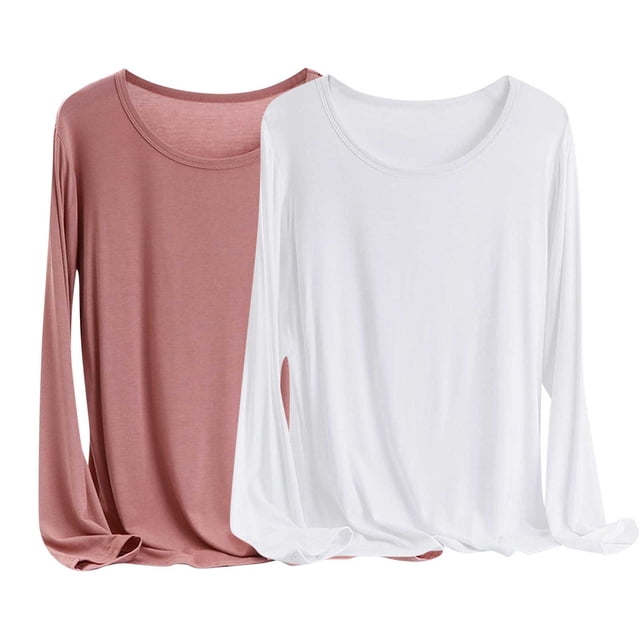 MeetoTime 2 Pcs Hauts à Manches Longues pour Femmes Col Rond Basique T-Shirt Doux Grande Taille T-Shirts Confortables X-6X