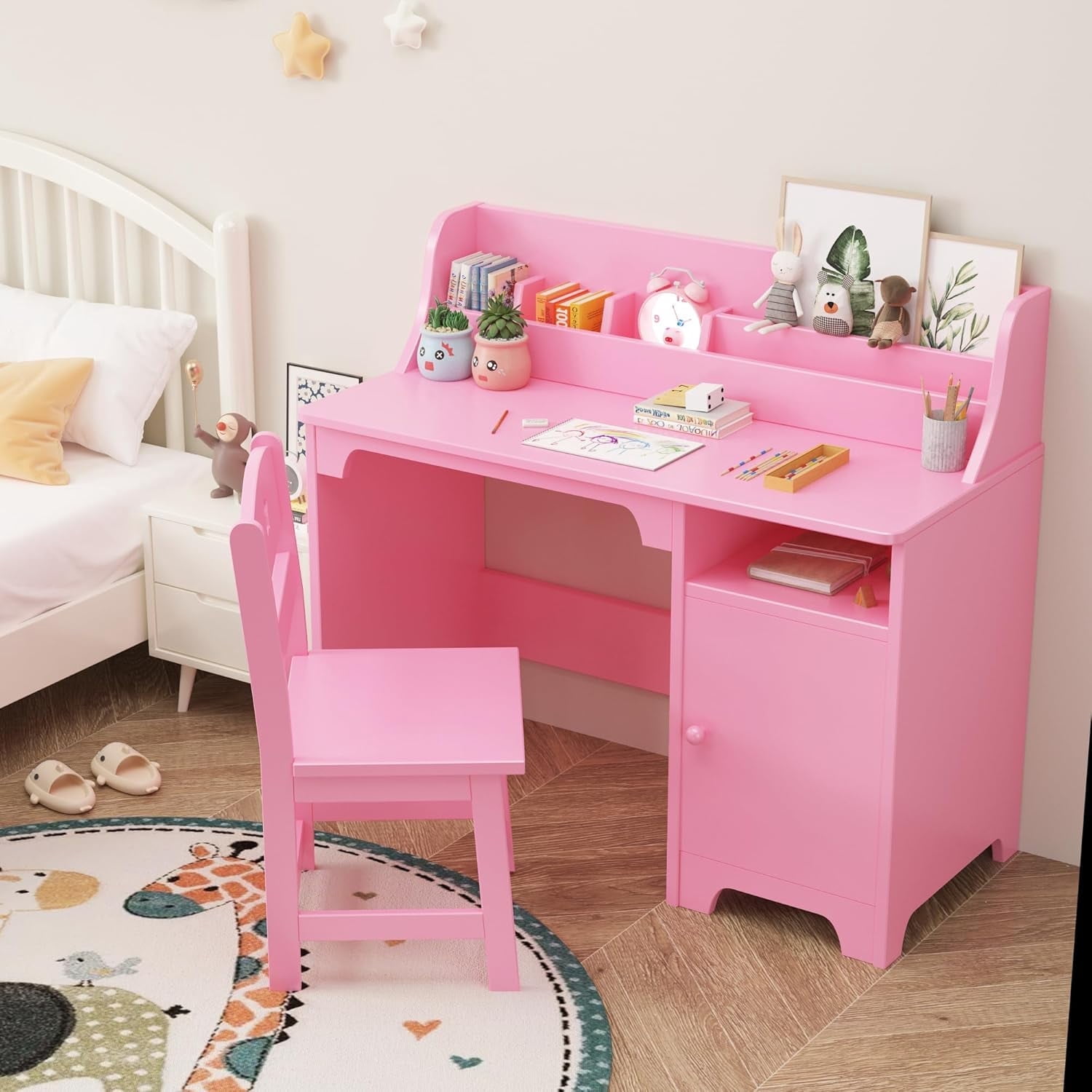 YUSAZENS Study Desk with Chair, Wooden Study Table & Set with Hutch and Storage Cabinet for Ages 3-12, Perfect Student Writing Desk & Computer Workstation