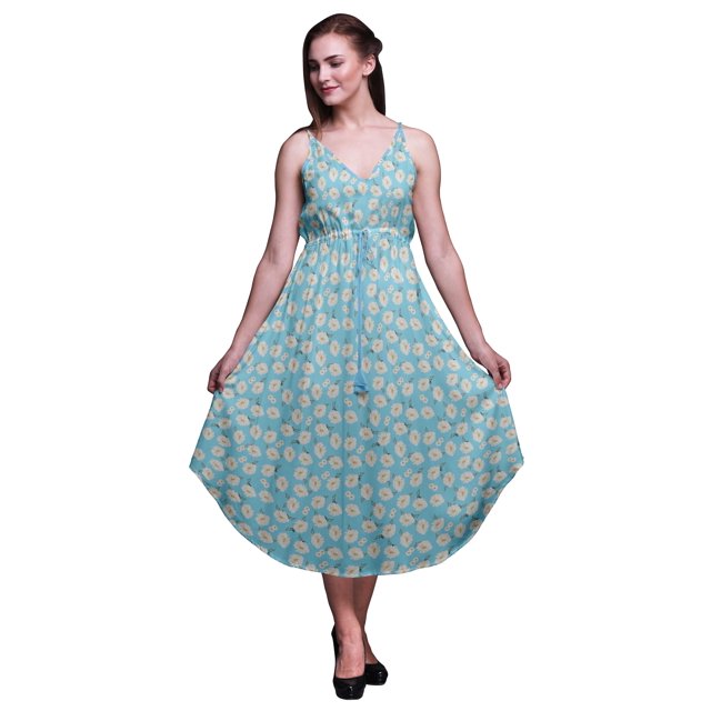 Bimba Robe de Plage Bohème Sans Manches Midi à Bretelles Imprimée Florale pour Femme - XX-Grand
