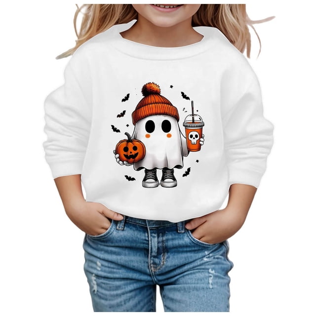 GDREDA Chandails à Capuchon Tendance pour Filles Chandails pour Enfants Stylés Mignons Imprimés Col Rond Manches Longues pour Usage Quotidien Blanc, 7-8 Ans