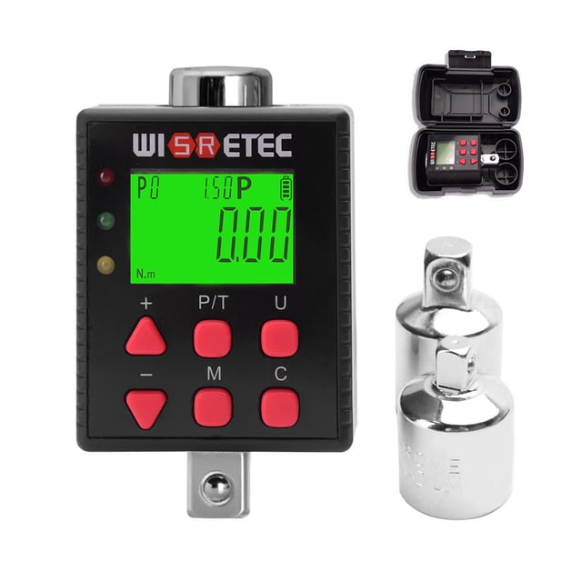 WISRETEC Clé de Couple Numérique avec Fonctionnement à Double Mode, avec une Plage de 3,4 à 340 Nm, 10 Réglages de Couple Préréglés et un Affichage Rétroéclairé Numérique. la Clé Comprend des Alertes DEL et buzzer pour une Précision, Cinq options d'Unité (kg.cm, kg.m, N.m, lb.in, lb.ft), et une Conception Compacte Adaptée aux Espaces Étroits. l'Image Montre la Clé avec Son Écran Vert Éclairé, des Boutons de Commande Rouges et des Adaptateurs Inclus, aux
