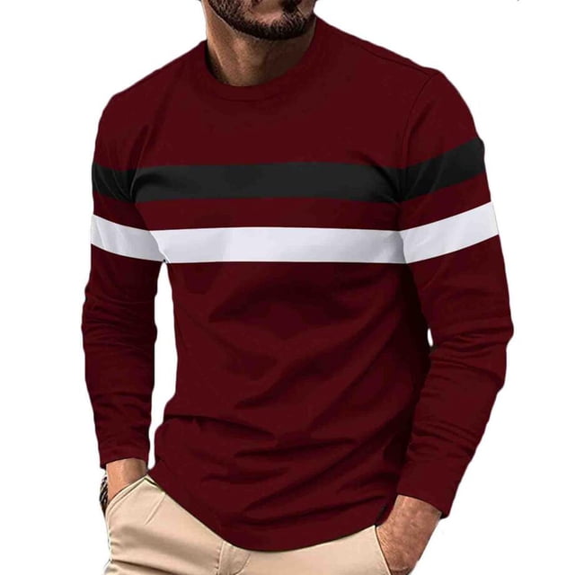 AherBiu T-Shirts à Manches Longues pour Hommes à Col Ras du Cou, Coupe Ajustée, Mode Décontractée, T-Shirts de Golf et de Sport, Hauts en Couleur Rouge Foncé avec Rayures Horizontales Noires et Blanches sur la Poitrine et les Manches. Ce Haut de Mode pour Hommes Coupe Ajustée Est Fabriqué à Partir de Tissu de Qualité Supérieure, Offrant un style Polyvalent Adapté aux Sorties Décontractées, aux Sports Ou au Golf.