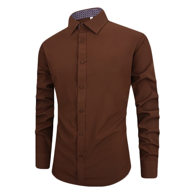 RXIRUCGD Hommes Décontracté Uni à Boutons Manches Longues Col Rabattu Hauts Blouse Chemise, Café, Taille : L