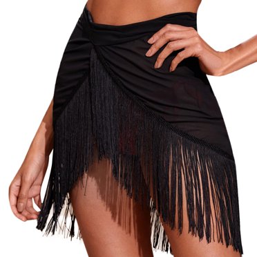GDREDA Elegant Women's Beach Cover Up Skirt with Sheer Mesh and Ruffle Trim for Swimwear Outfits Black,XL