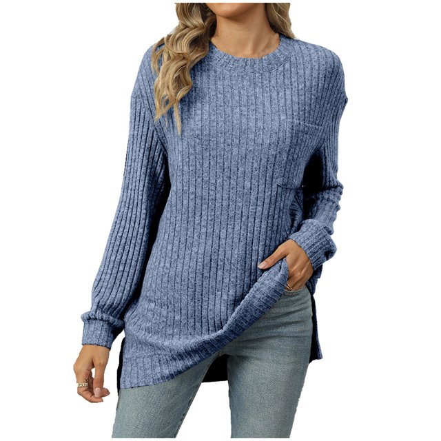 yoeyez Tunique en Tricot pour Femmes, Chandails à Manches Torsadées Patchwork, Col Ras du Cou Raglan, Chemises à Manches Longues, Hauts Mode Automne 2024, Bleu, TG