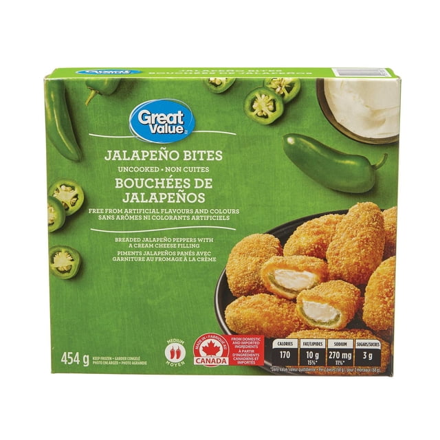 Great Value Frozen Jalapeno Bites Appetizers 454g box showing breaded jalapeño peppers filled with cream cheese on a black plate, with sliced and whole jalapeños on a green background, emphasizing this frozen spicy snack's Canadian origin and party-ready appeal.