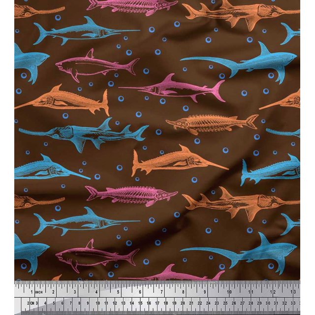 Soimoi Poly Georgette Fabric Bubbles & Fish Ocean Print Fabric by The Yard 42 Inch Wide