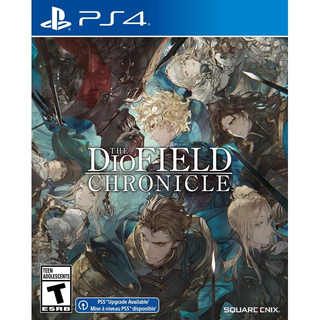 La Couverture de Jeu PS4 de DioField Chronicle Mettant en Vedette Sept Personnages aux Armures Détaillées de fantasy et Médiévales-Modernes, Arrangées selon un style diorama Circulaire avec des Épées, sur Fond Bleu, Incluant la Marque PlayStation 4, la Cote Ado ESRB et le logo Square Enix.
