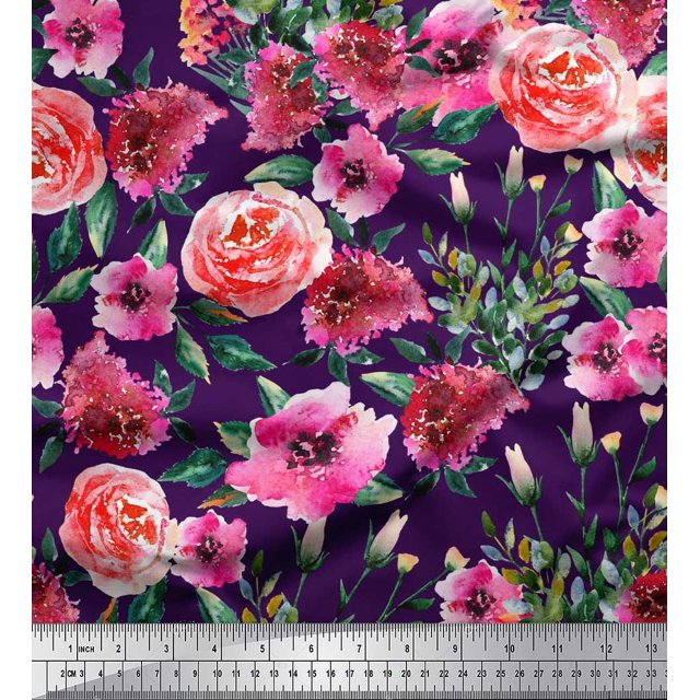 Soimoi Rayon Fabric Leaves & Rose Flower Decor Fabric Printed Yard 42 Inch Wide