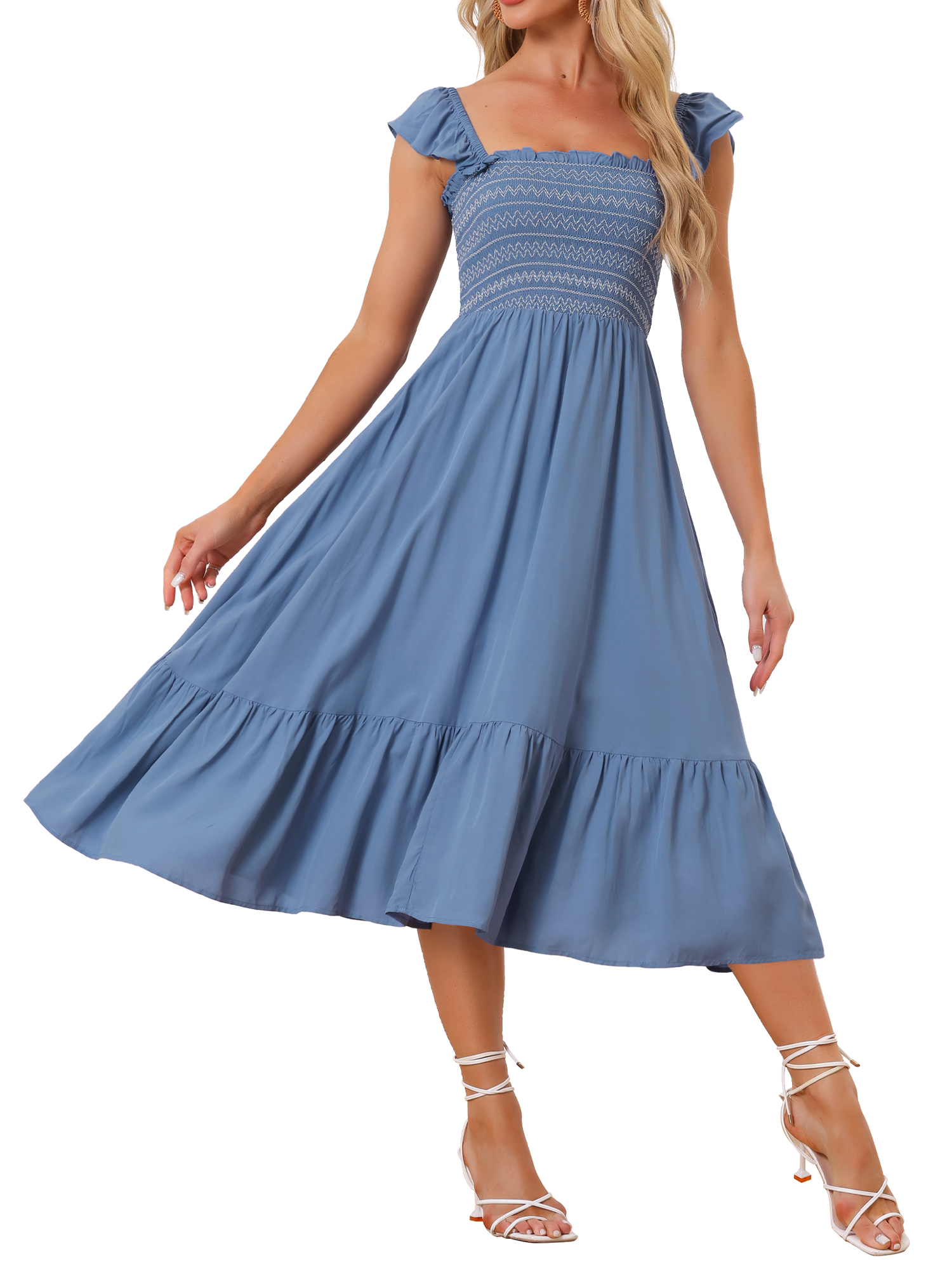 INSPIRE CHIC Robe d'Été pour Femme à Encolure Carrée, à Volants, à Étages, Boho, Midi, Gris Bleu, P