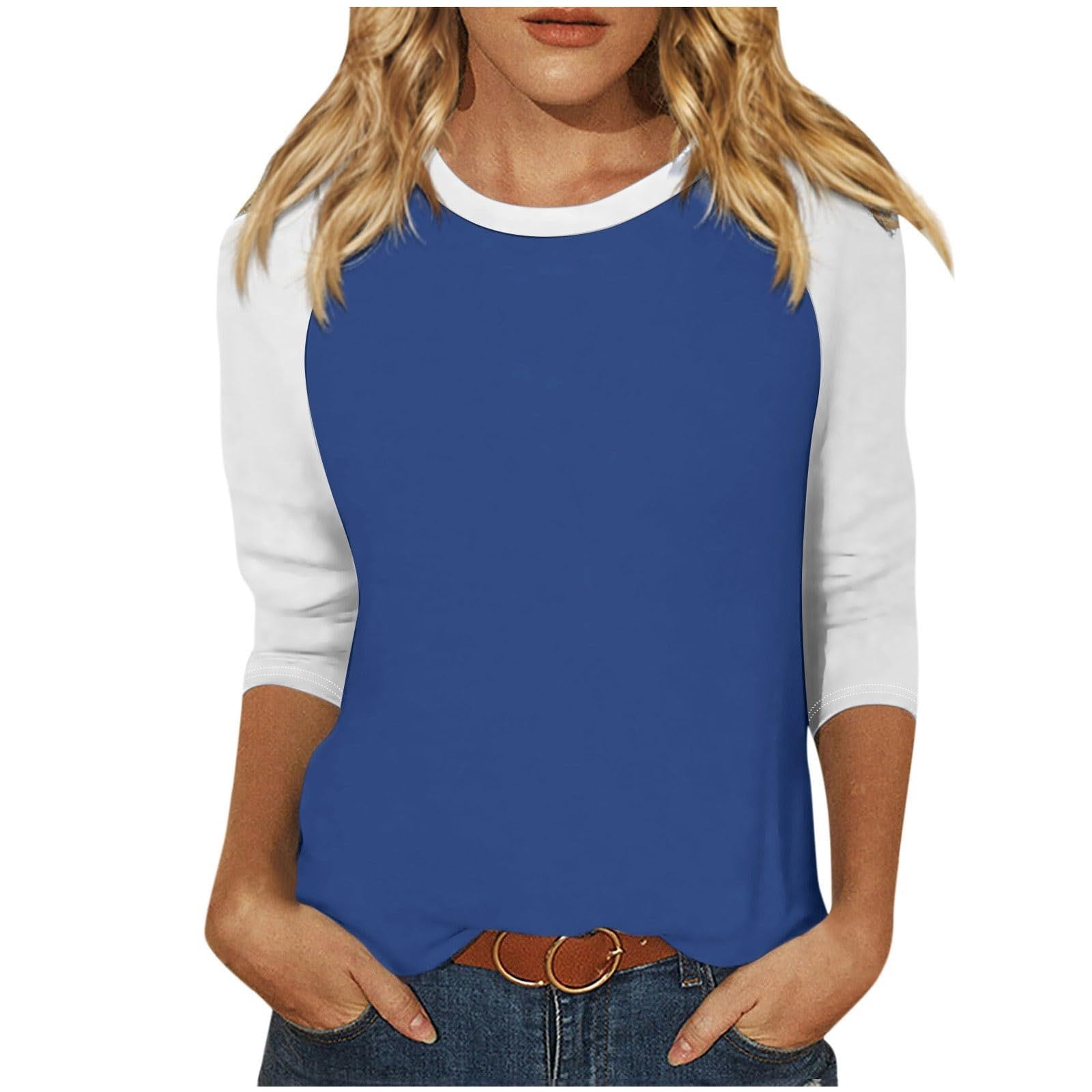 Timegard Womens Tops Plus Size Crewneck 3/4 Sleeve Color Block Comfy Tshirts Fall Casual Loose Tops