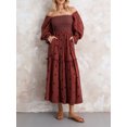 thumbnail image 4 of Kmbangi Robe Longue Décontractée d'Été pour Femme, Fleurs Brodées 3D, Encolure Carrée, Manches Bouffantes, Robe Mode Dos Nu, Robe Trapèze, 4 of 9