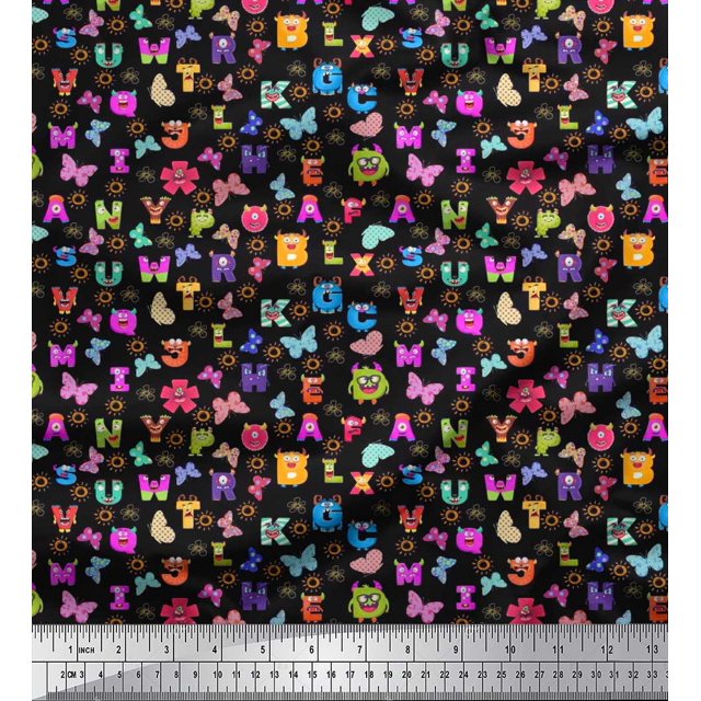 Soimoi Black Cotton Poplin Fabric Insect,Sun & Cartoon Alphabets Text Decor Fabric Printed BTY 56 Inch Wide