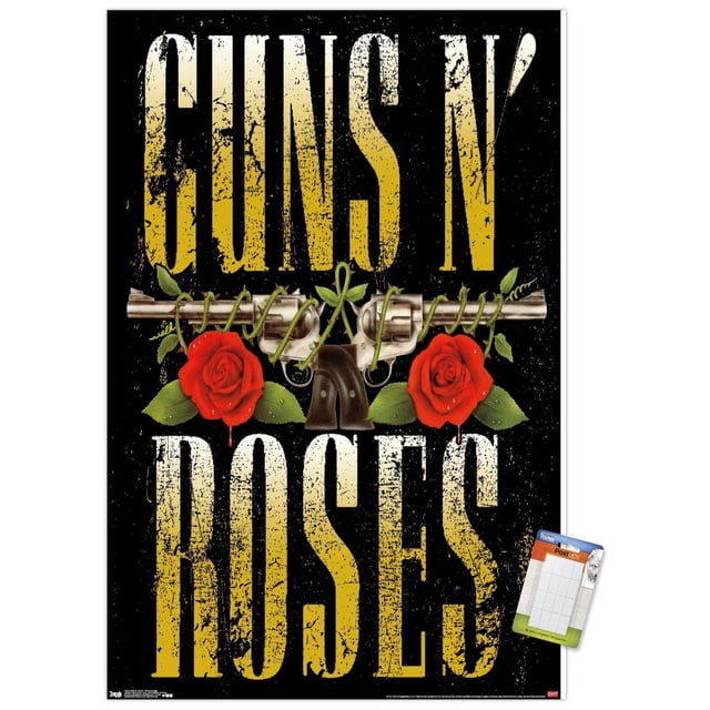 Guns N' Roses - Stacked Logo Wall Poster, 22.375" x 34" featuring distressed yellow text 'GUNS N' ROSES' on black with two silver revolvers crossed horizontally, wrapped in green vines and flanked by red roses with green leaves. Printed on glossy paper, suitable for home décor and party decoration.