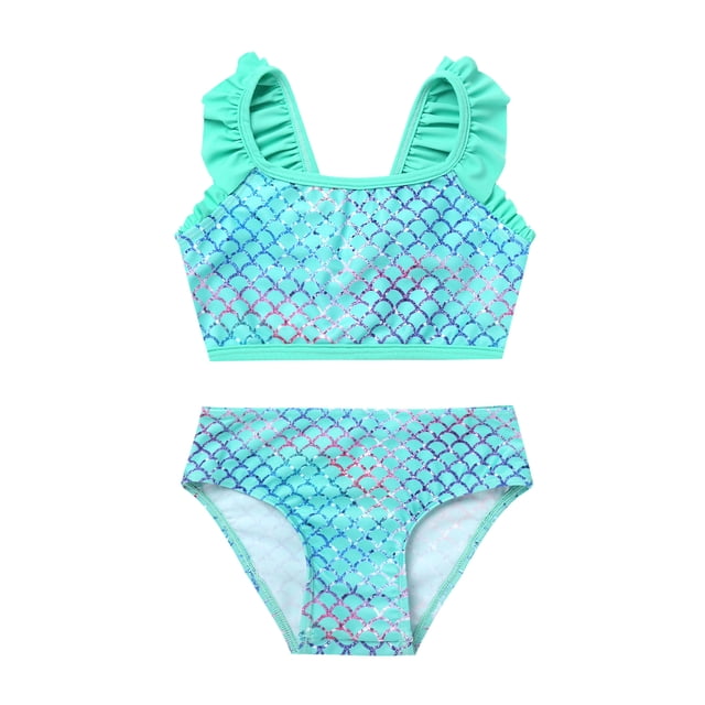 Rswnyirn Little Girls Mermaid 2 Pcs Swimsuits Fishscale Printed Ruffles Straps Swim Top with Bikini Brief Green 4T