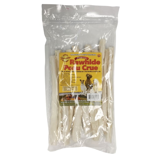 Masters Best Friend Rawhide Rolls Dog Chews in a clear resealable bag with ten 15-20 mm white beef rawhide sticks. The yellow label features four dog breeds and states all natural ingredients, no preservatives, tartar and plaque removal, and dental health benefits for dogs.