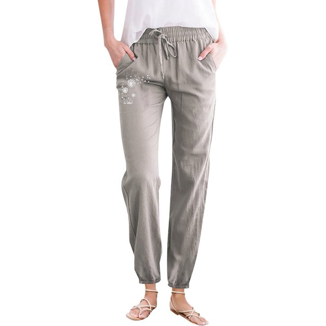Womens Cargo Pants With Pockets Simple Fashion Solid Color Pants Partial Dandelion Print Pocket Drawstring Women Pants Grey XL