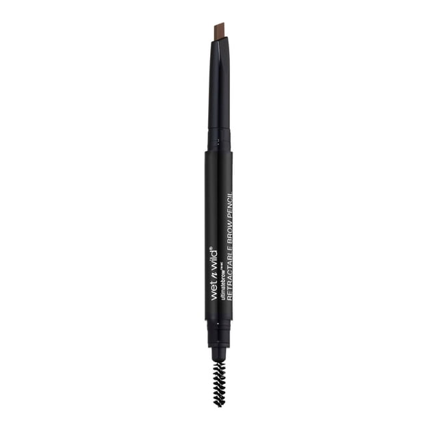 wet n wild Ultimate Brow Retractable eyebrow pencil with a triangular dark brown tip for precise hair-like strokes and a built-in spoolie brush for blending, in a slim black retractable casing suitable for detailed eyebrow shaping.