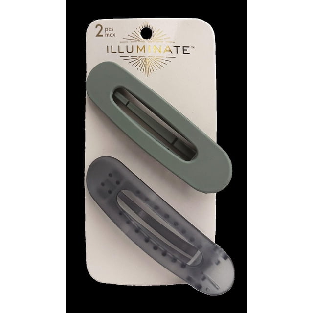 Illuminate 2 pc jumbo side clips set with one soft touch sage green clip and one frosted translucent charcoal clip on white card featuring gold foil Illuminate logo, ideal hair accessories for styling and securing hair.