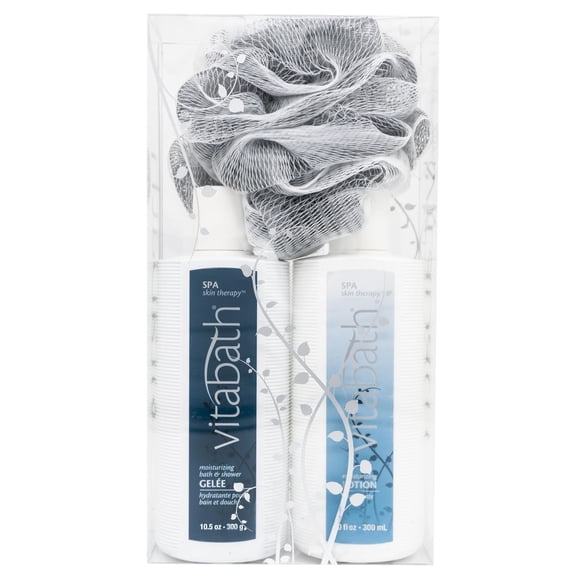 Vitabath Spa Skin Therapy Everyday Skincare Set Moisturizing Shower Gel Wash Reviving Lotion & Exfoliating Body Scrubber Pouf - Refreshing Foam Cleanser & Dry Skin Hydration For Women & Men