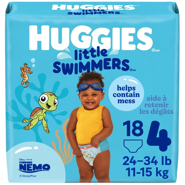 Huggies Little Swimmers Disposable Swim Diapers, Size 4 (24-34 lbs), 18 Ct package with a toddler wearing a Finding Nemo-themed swim diaper and yellow tank top on a blue background with aquatic cartoon characters, designed to provide a secure fit that helps contain mess during water play.