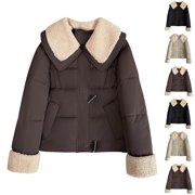 Nfurl Womens Quilted Jackets Warm Fleece Lapel Solid Color Puffer Jacket with Pockets Casual Outerwear Ladies Winter Coats for Going Out Coffee L