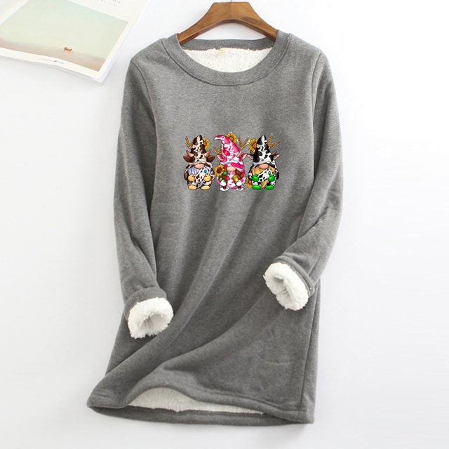 T-Shirts pour Femmes Col Rond Poche Épaissi Peluche Chaud Manches Longues Hauts pour Femmes en Liquidation