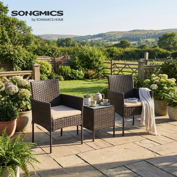 SONGMICS Patio Furniture Set, Outdoor PE Rattan Conversation Sets, 3-Piece Outdoor Lounge Furniture with Table and 2 Chairs, for Patio Garden Balcony Garden Deck, Brown and Taupe