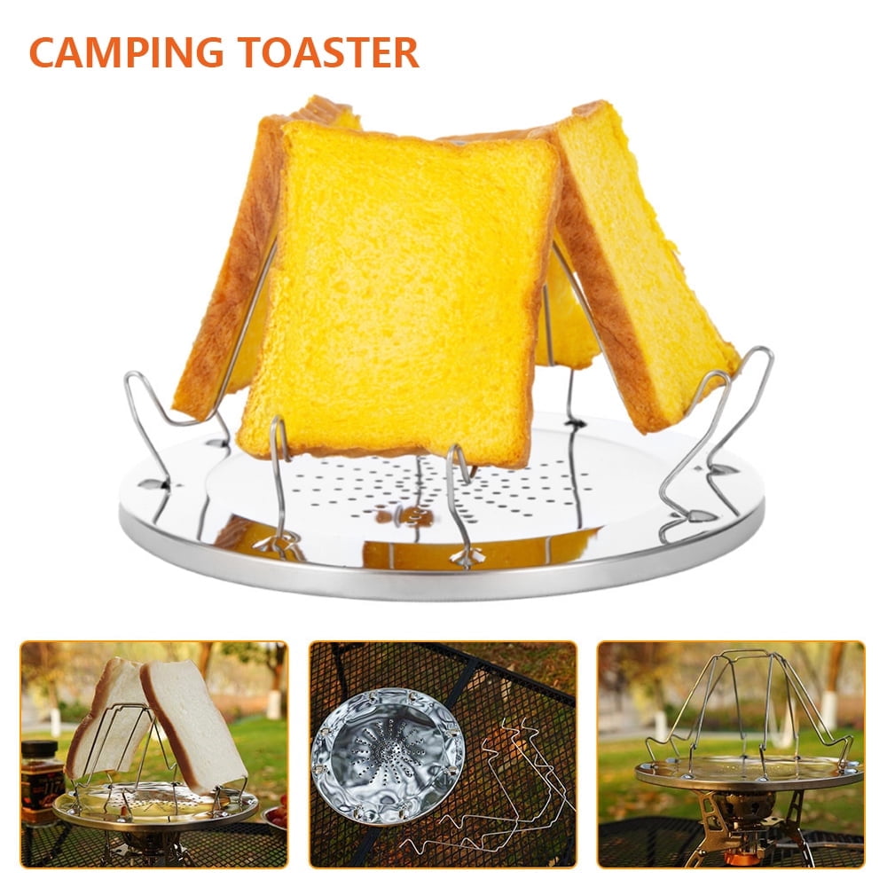 OUSITAID 4 Slice Foldable Stand Bread Toast Shelf Stainless Steel Porous Tray Bread Toaster Collapsible Home Breakfast Bread Toast Tray for Families Outdoor Camping Picnic Fishing