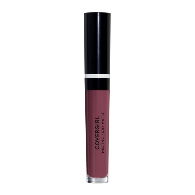 COVERGIRL Melting Pout Matte Liquid Lipstick in mauve shade, displayed in a slim cylindrical tube with a black cap and transparent base, featuring a longwear, high-pigment matte formula that glides smoothly for comfortable, kiss-proof lip colour.