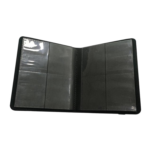 Maoww 4 Pockets Trading Card Carrying Binder Card Case Pocket Binder Storage Album in black, measuring 21x17.5cm. The binder features 4 pockets per page, made from non-slip, water-resistant material, and includes 20 pages capable of holding up to 160 cards. It has side-loading pockets for secure card placement and a high-quality elastic strap to keep the binder closed. Designed for various game and sports cards, the binder is constructed with PP and non-woven fabric for durability.