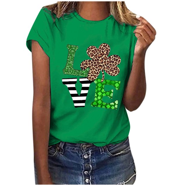 CEHVOM T-Shirts de la Saint-Patrick pour Femmes Chanceuses, T-Shirt de la Saint-Patrick Chanceux pour Femmes, T-Shirt Décontracté Ample à Imprimé Léopard et Lettres à Manches Courtes et Col Rond pour Femme