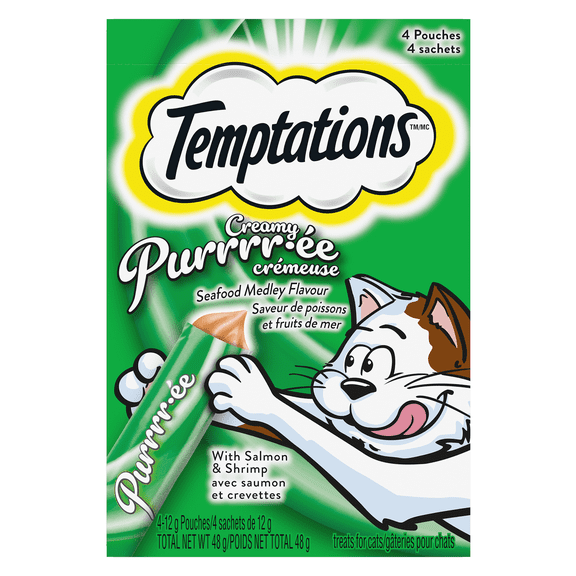 Gâteries léchables pour chats adultes Temptations Purrrr-ée crémeuse, poissons et fruits de mer, saumon et crevettes, 4 sachets, 48 g