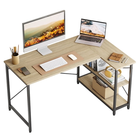 Bestier 47 inch Corner L-Shaped Desk with Storage Shelves Writing Desk for Adults and Children Oak