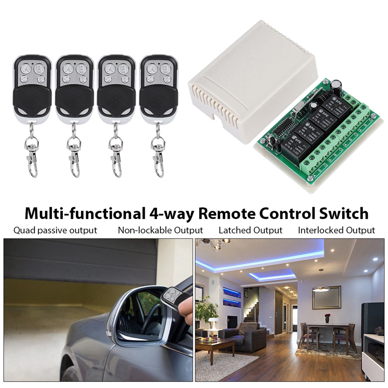 4 Way Remote Control Switch, Cordless Relay Switch Receiver Replacement with High Receiving Sensitivity, Controls Thousands of Watts, Quad Passive Output
