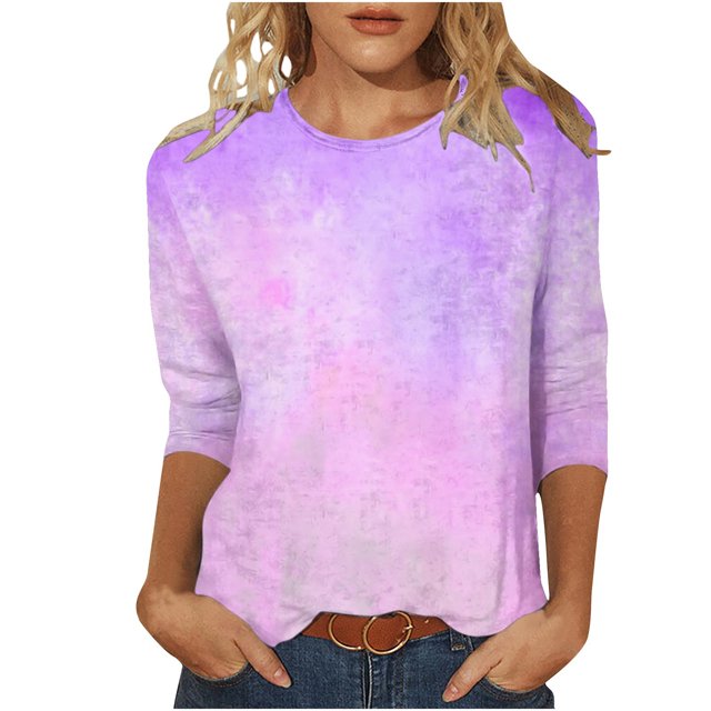 Besolor T-Shirts à Manches 3/4 pour Femmes Hauts Tendance à Col Rond Teinture sur Nœuds Blouse Décontractée Ample pour Sorties