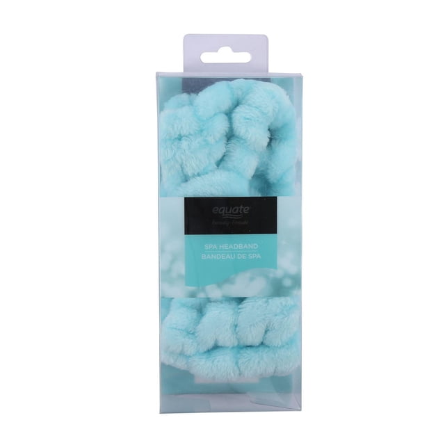 EQB SPA HEADBAND by Equate Beauty, a light blue plush spa headband with elastic ruching, packaged in clear plastic with a hanging tab, designed for hair care and spa use, also suitable for keeping hair away during skincare routines.