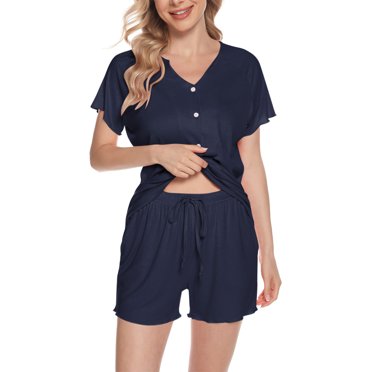 yoeyez Ensembles de Pyjama pour Femmes Ensembles de Shorts en Tricot Côtelé Ensemble de Pyjamas à Manches Courtes Tenue de Nuit à Volants 2 Pcs Tenue de Détente d'Été Vert,2TG
