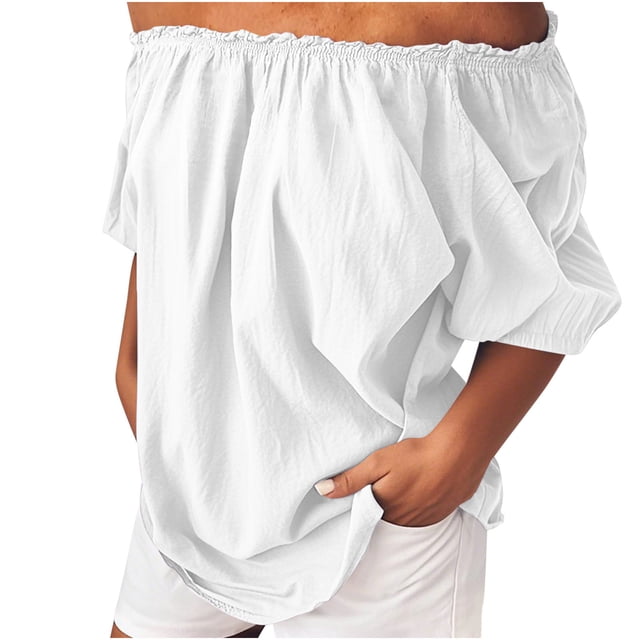 Women's Off Shoulder Top Ruffle Short Sleeve Cotton Linen Blouse Summer Casual Loose Shirts