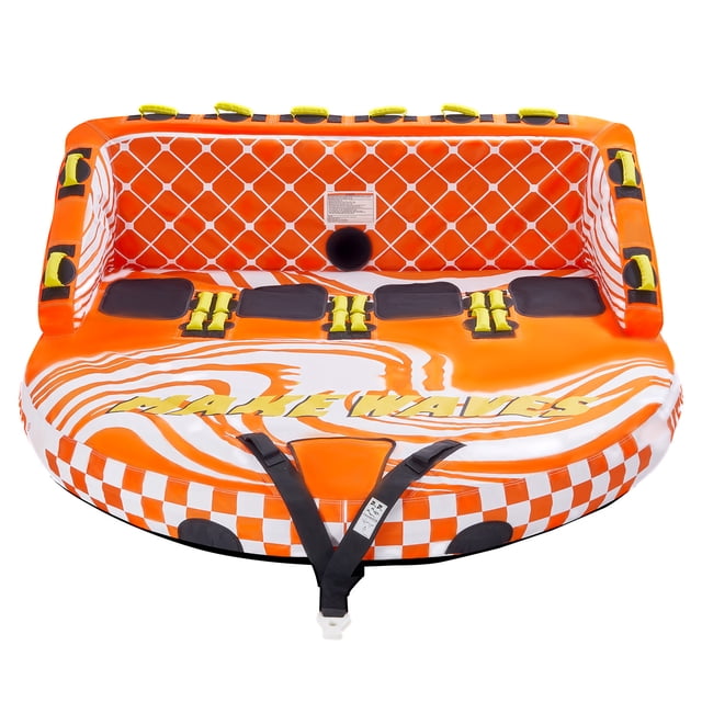 KFFKFF Towable Tube for Boating, designed for 1-4 riders, featuring a vibrant orange and white design with a high backrest and wide sidewalls for added safety. The inflatable tube includes 22 padded grab handles, dual tow points, and a durable nylon cover with a PVC bladder for long-lasting use. The front-facing view highlights the spacious seating area and secure towing straps, ideal for water sports and boating adventures.