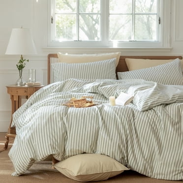 JOLUSERE 100% Organic Cotton Striped Duvet Cover Full Set, 3-Piece Linen Like Textured Breathable Comforter Cover(Sage Green& White Classic Stripes)