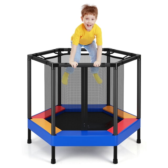 Gymax Trampoline Hexagonal de 48 Pieds' pour Enfants, Sauteur Récréatif avec Rampes Rembourrées de Mousse, Filet d'Enceinte à 360°, et Panneaux Multicolores Vibrants. Conçu pour le Jeu Intérieur et Extérieur, Il Présente un Cadre en Acier Robuste, des Patins Antidérapants et une Limite de Poids de 77 Lb. Convient aux Enfants de 3+ Ans.