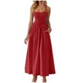 thumbnail image 1 of Amzcrzy Robes pour Femmes Couleur Unie Bretelles Spaghetti Robe d'Été Décontractée Col Rond Sans Manches Robes Soleil pour Femmes Tendance à Étages Fluide Robes Maxi avec Poches, 1 of 8