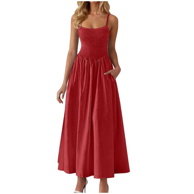 Amzcrzy Robes pour Femmes Couleur Unie Bretelles Spaghetti Robe d'Été Décontractée Col Rond Sans Manches Robes Soleil pour Femmes Tendance à Étages Fluide Robes Maxi avec Poches