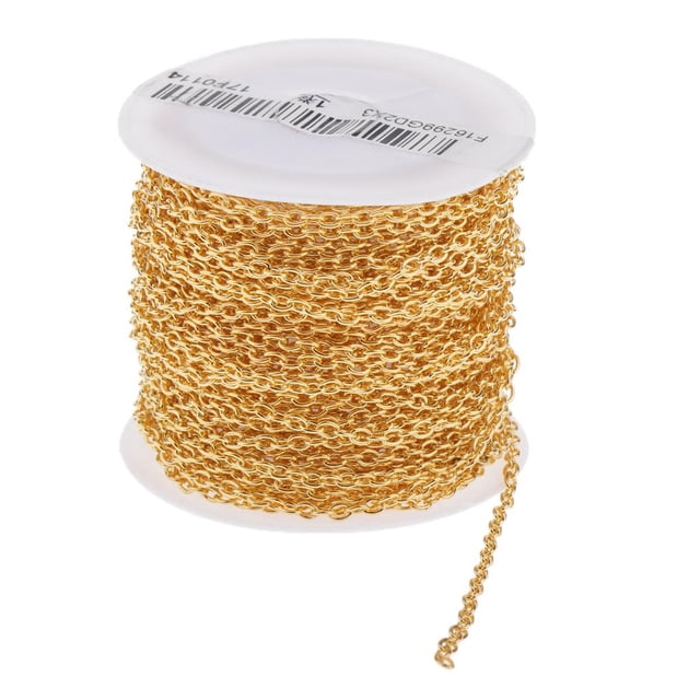 10 yards per roll of golden chain curb chain and snake chain jewelry wire, ideal for DIY necklaces, bracelets, or anklets. The spool features fine metal chains with a size of 2x3mm (0.08x0.12 inches) and includes lobster claw clasps, extender chains, and round ring thickness chains. Suitable for jewelry making projects.