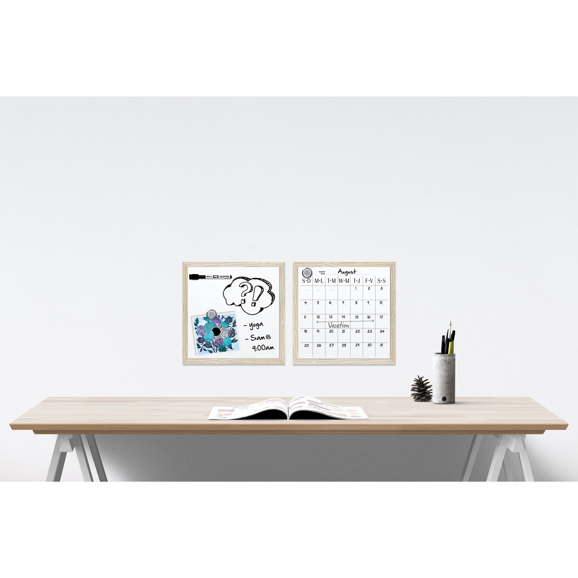 Quartet Tableau calendrier effaçable à sec, cadre en bois, 12 po x 12 po