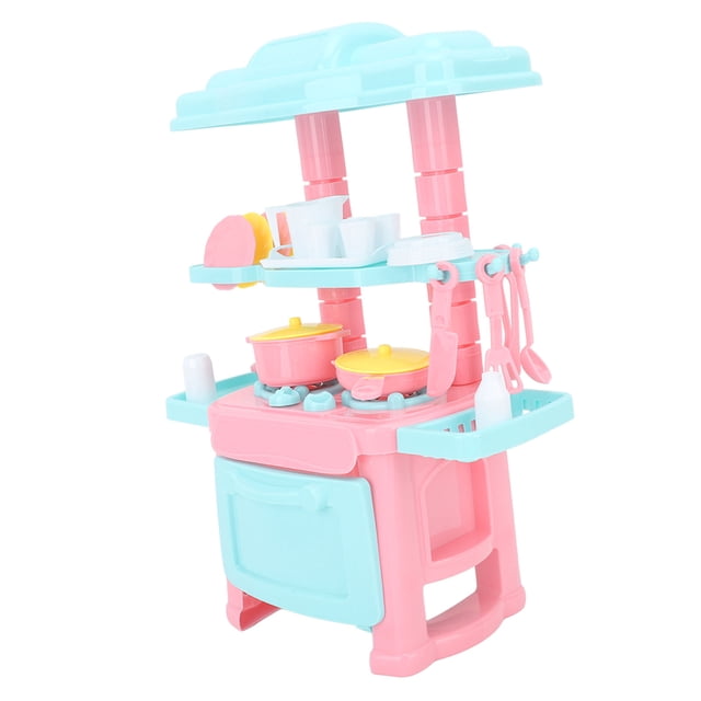 Kids Kitchen Playset by Estink, a pastel pink and blue plastic toy set designed for pretend play. Includes 48 kitchen accessories such as pots, pans, utensils, and stickers, offering an interactive cooking experience for children. Ideal for fostering creativity and imaginative play.