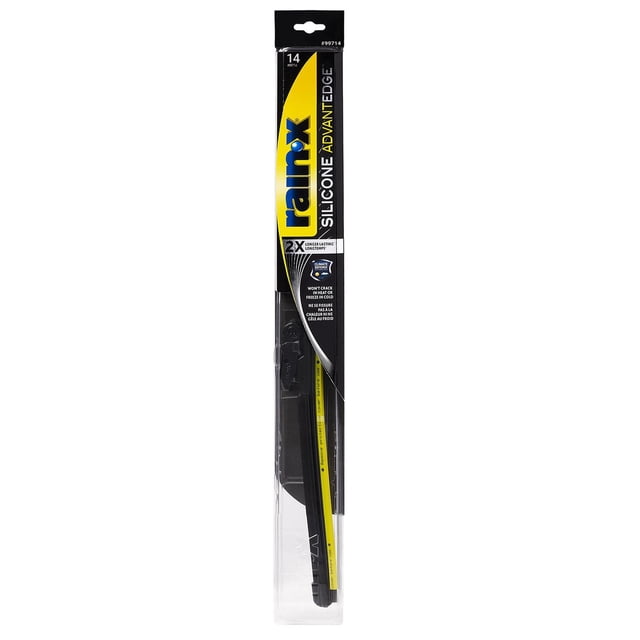 Rain-X Silicone AdvantEdge 14 inch wiper blade in black and yellow packaging with clear plastic cover, featuring a precision engineered silicone rubber squeegee with graphite coating, InstalLock adapter system, and aerodynamic spoiler for all-weather automotive windshield performance.