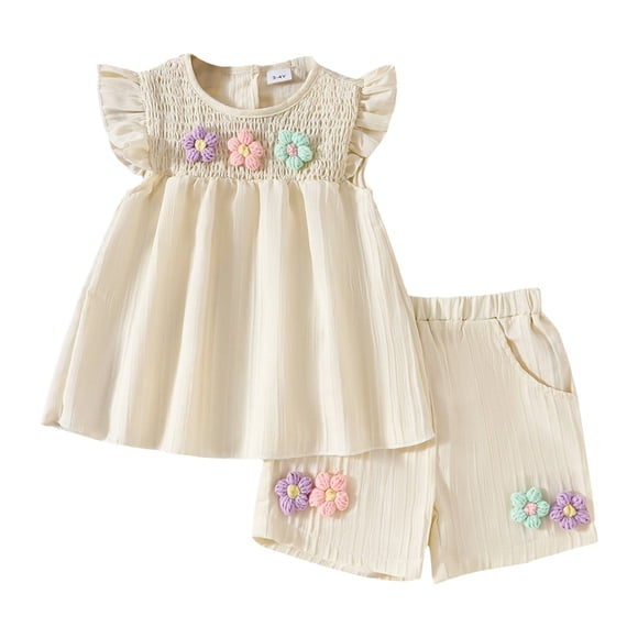 Splozh Preemie Baby Clothes Toddler Baby Girl Summer Flower Ruffle Sleeveless Tunic Top Shorts Set Cotton Linen Outfit 2Pcs Beige,3-4 Years