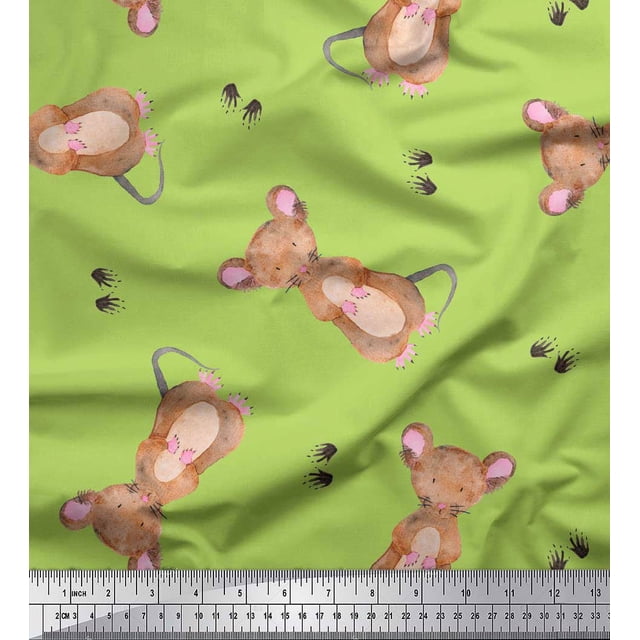 Soimoi Green polyester Crepe Fabric Footprints & Mouse Kids Print Fabric by Yard 42 Inch Wide